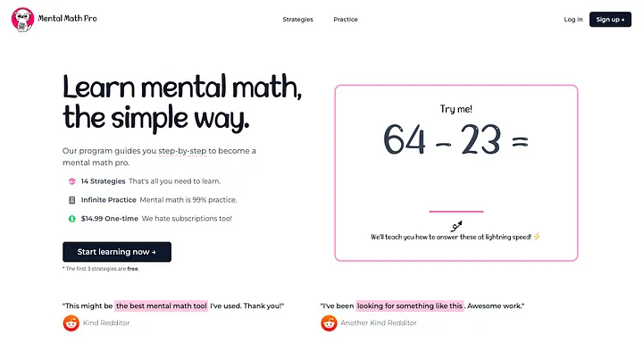 Mental Math Pro homepage screenshot